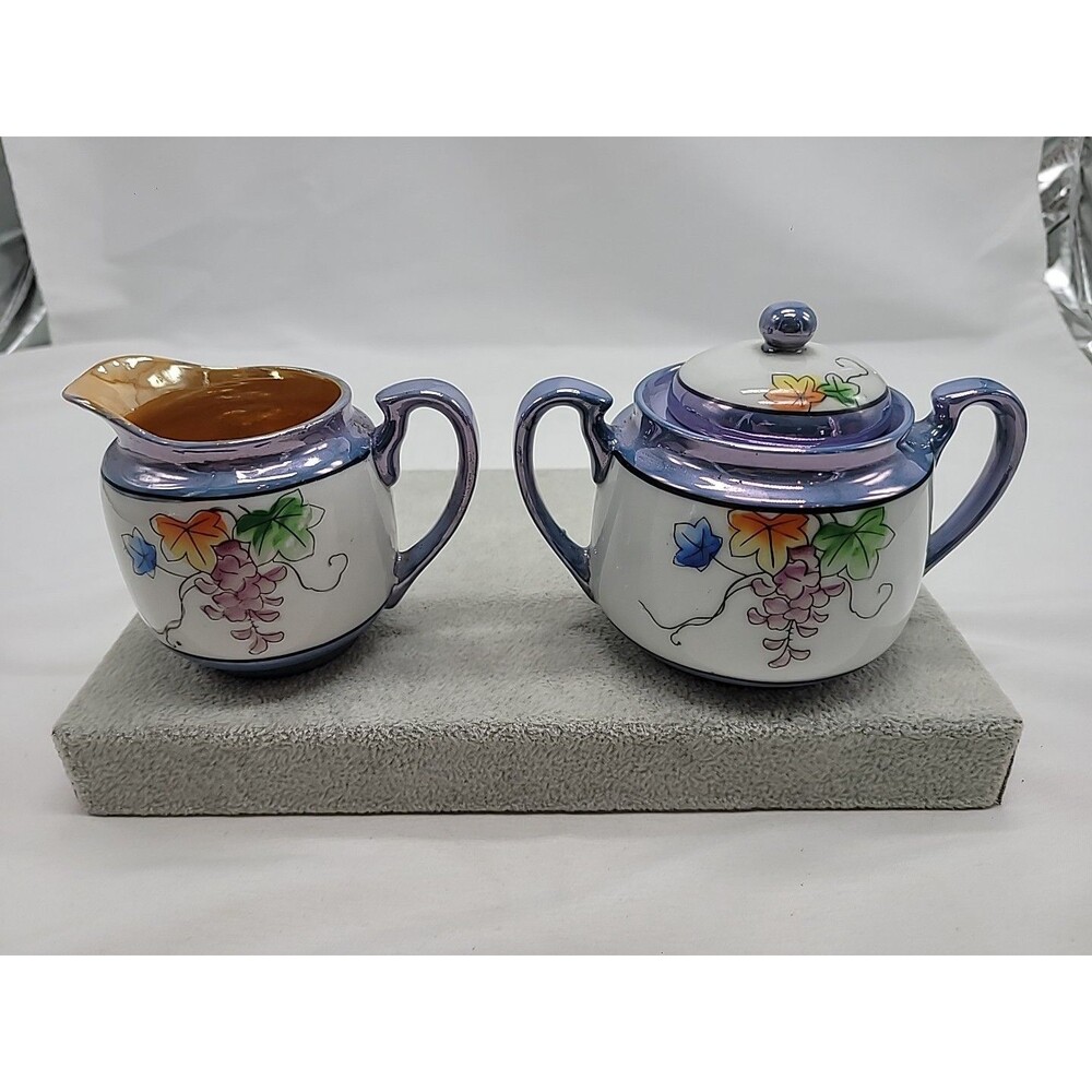 Lusterware Cream and Sugar Set  Flowers Leaf Japan Hand Painted 4" Blue